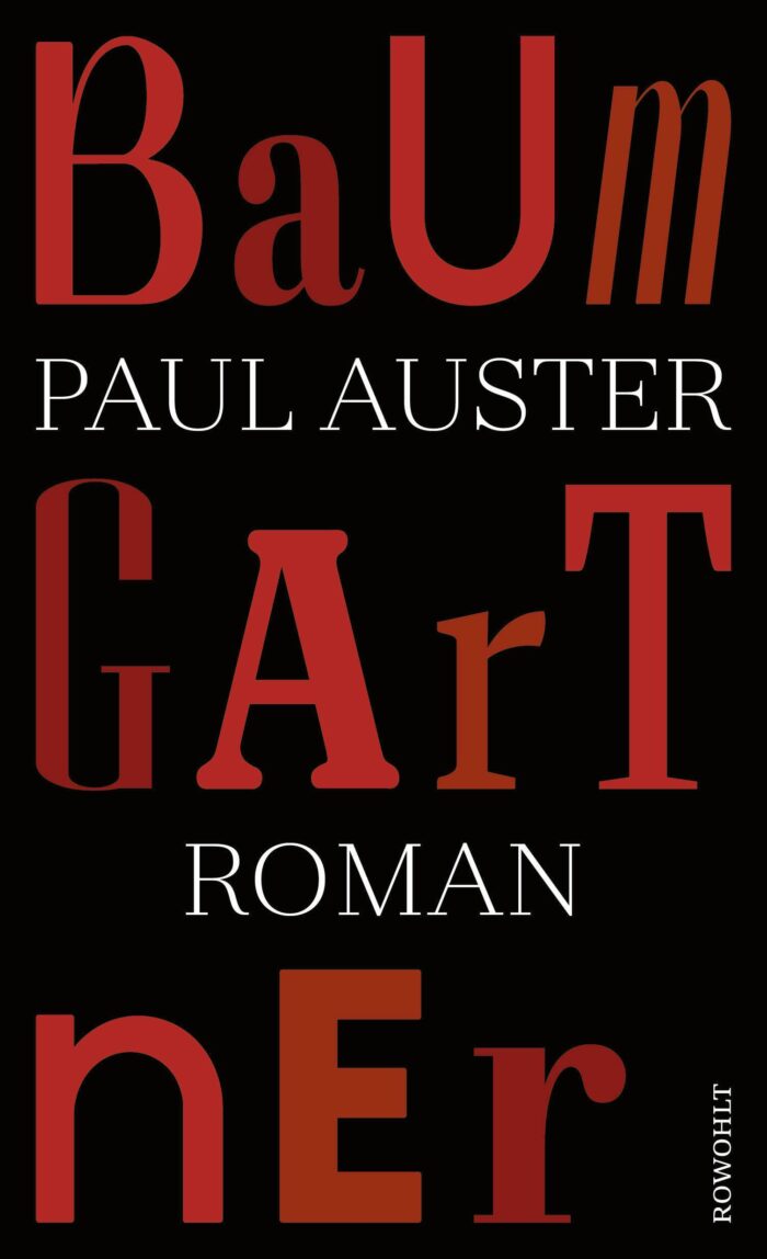 Buchcover, Titel Baumgartner in roter Schrift auf schwarzem Hintergrund. Paul Auster, Autorenname weiss in Mitte des Buches